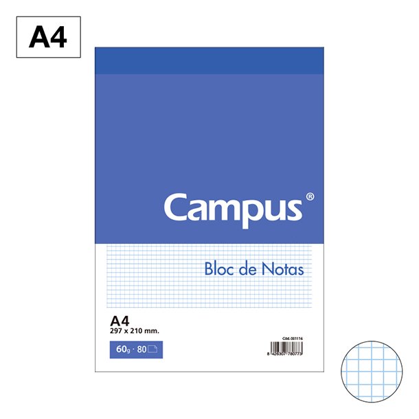 BLOC NOTAS MICROPERFORADO CAMPUS A4 60 GRAMOS 80 HOJAS CUADRÍCULA 4 MM