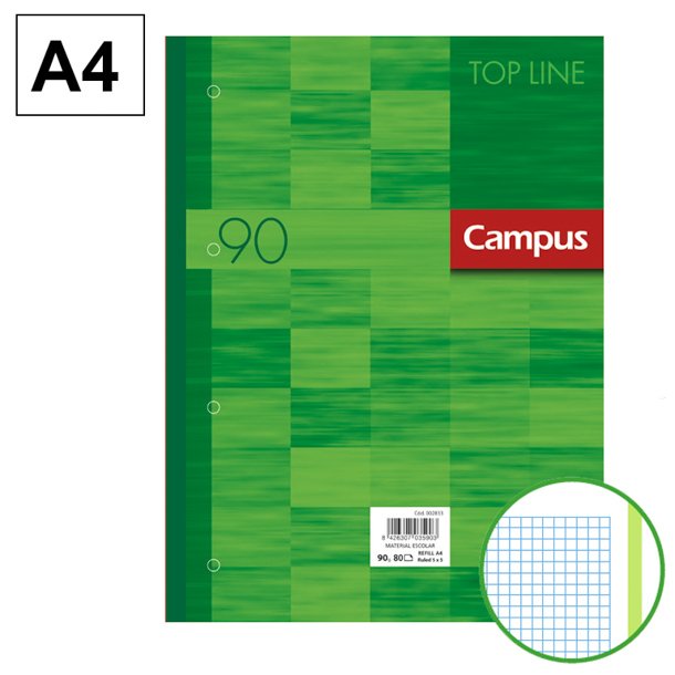 BLOC ENCOLADO DE RECAMBIOS CARPETA CAMPUS A4 4 TALADROS 80 HOJAS 90 GRAMOS BANDA DE SU COLOR VERDE CUADRICULA 5 MM.